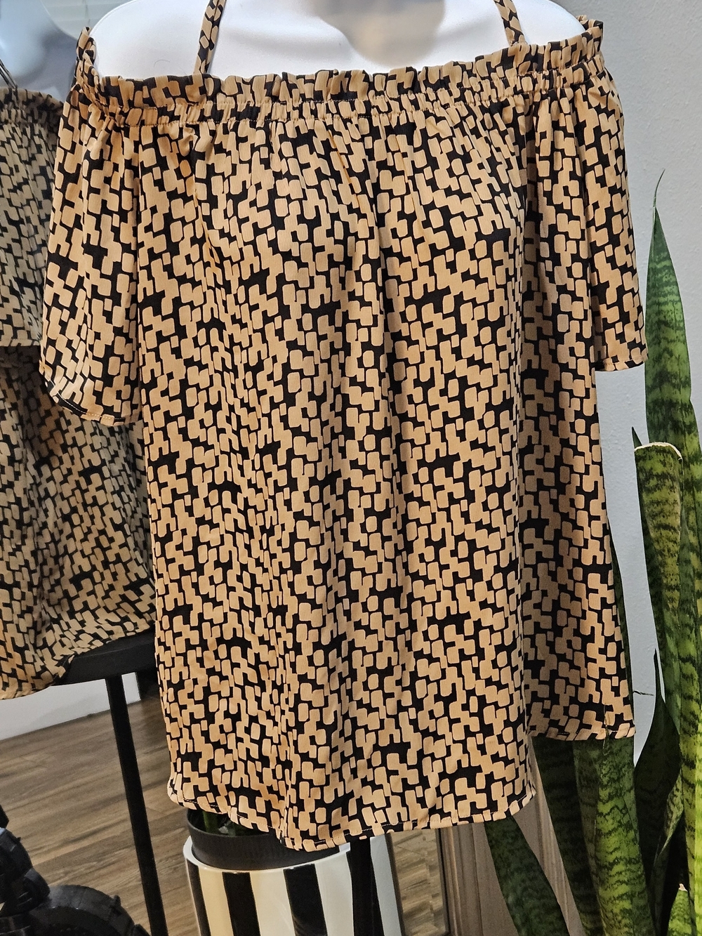 Off-Shoulder Block Print top in Brown  and Black